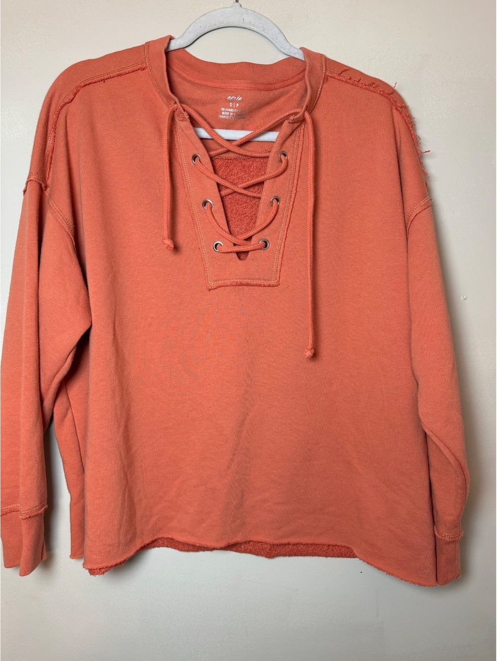 Aerie Lace-Up Pullover Sweatshirt in Coral, Size S/P